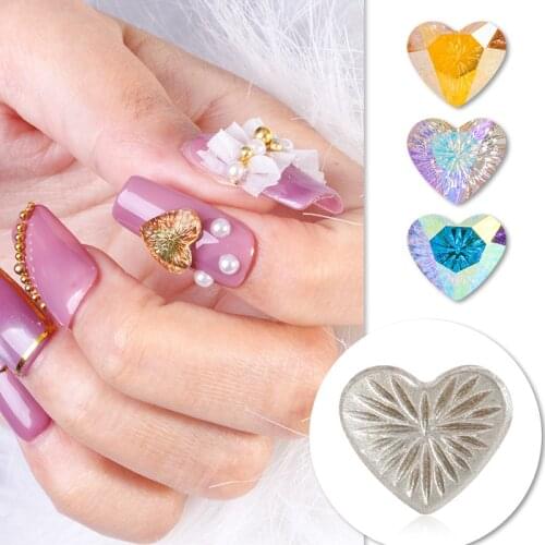 XIAOPU Crystal Strass Flatback Glue On Nails Heart Shape 10mm Glass Rhinestones Golden Bottom Nails Decoration Accessories