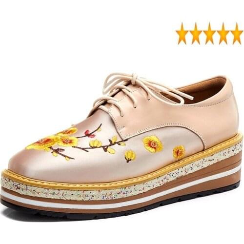 Woman Platform Spring 2021 Real Leather England Moccasins Pink Vintage Embroider Wedge Pumps Shoes Lace Up Casual Brogues