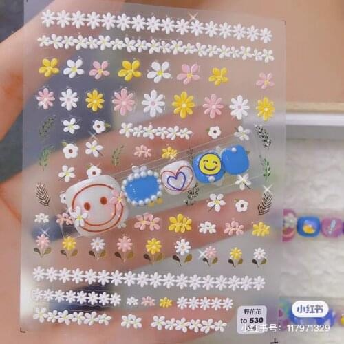 2021 5D Acrylic Engraved Wild Flower Nail Art Sticker White Black Yellow Pink Litter Flower Adhesive Nail Decals Decoraciones