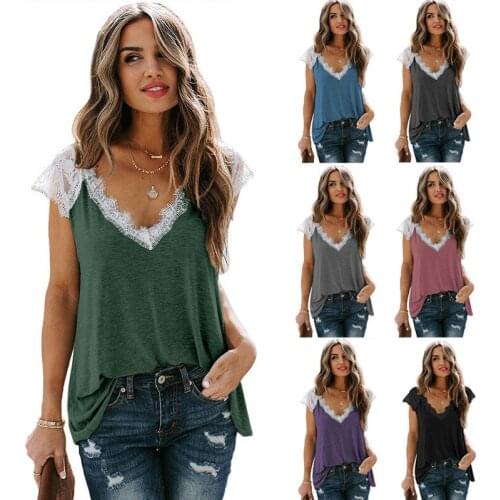 2021 summer womens T-shirt sexy V-neck lace T-shirt retro short sleeve casual loose elegant T-shirt Summer Women T-shirt