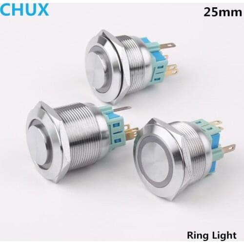 25mm Metal Push button Switch Momentary Ring Light 3v 6V 12V 24V 48V 110V 220v Self-locking Waterproof Switch