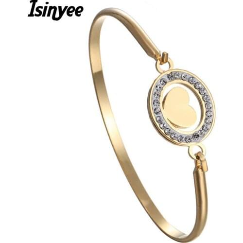 ISINYEE Fashion Crystal Heart Cuff Bracelets Bangles Manchette For Women Trendy Stainless Steel Carter Love Jewelry