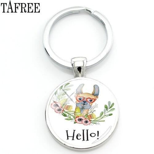 TAFREE Hello I Love Alpaca Pendant Keychains 25mm Glass Art Jewelrys America Llama Pattern Key Ring For Students NT202
