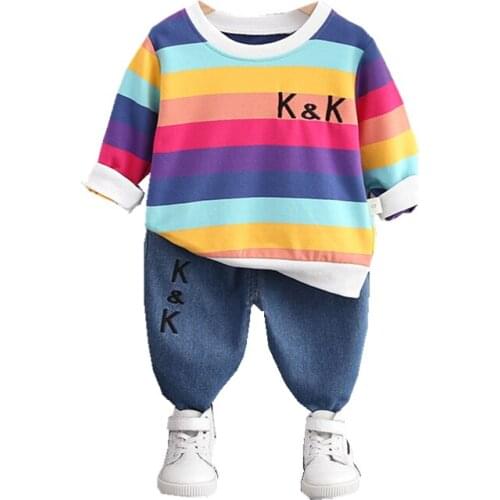 Children Cotton Spring Autumn Baby Boys Girls Clothes Stripe Jacket Denim Pants 2Pcs/sets Outfit Kids Fashion Toddler Tracksuits