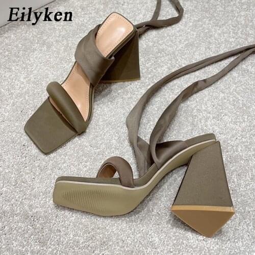Eilyken Summer New Black Cozy Silk Lace-up Sandals Women Fashion Ankle Strap Chunky High Heels Square Toe Female Party Shoes