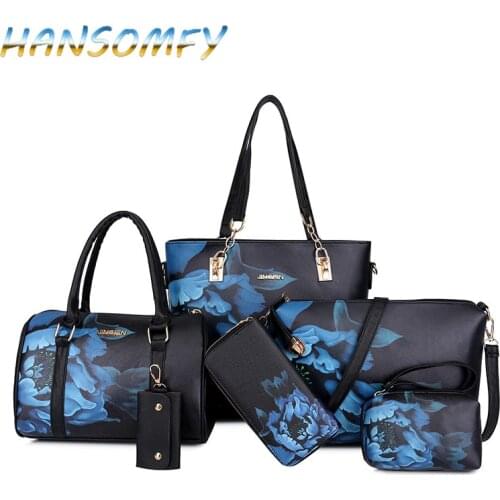 HANSOMFY New Women PU Leather Handbags Women Printed Bags Designer 6 Pieces Set Shoulder Crossbody Bags For Women Big Tote X1-38