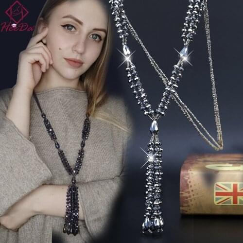 Korean Graceful Long Layers Tassel Crystal Beads Necklace Bohemia Fashion Elegant Strand Sweater Chain 2019 New Women Jewelry