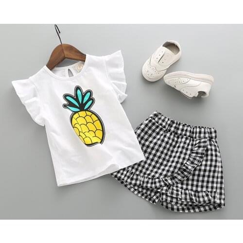 Summer Children Baby Girl Clothing Sets Short Sleeve Pineapple T-shirt Tops + Plaid Pants Shorts Princess Kids Girls 2Pcs Suits