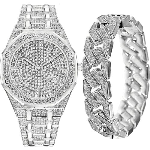 Watch + Bracelet for Men Cuban Chain Charm Bracelet Iced Out Watch for Men Simple Diamond Gold Men Watch Set Jewelry Set Reloj