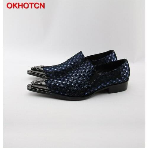 OKHOTCN Metal Pointed Toe Men Wedding Dress Shoes Peacock Print Men Party Banquet Shoes Formal Business Leather Oxfords flats