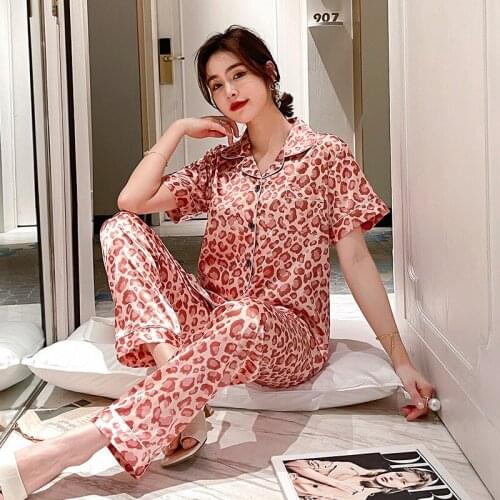 Summer Women Pajamas Set Red Brown Leopard Print Sleepwear Female Short Sleeve Leisure Home Ice Silk Elastic Pants Nightwear