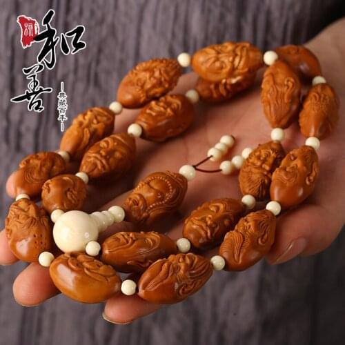 Old Oil Olive Stone carving side eighteen arhat long string olive beard carving Arhat neck hanging necklace text play men women