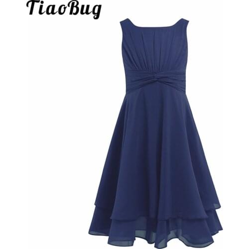 TiaoBug Summer Kids Chiffon Knotted Waist And Ruched Flower Girl Dress Princess Pageant Wedding Bridesmaid Birthday Party Dress