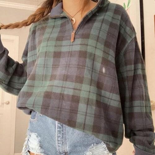 Vintage Plaid Oversized Sweatshirt Women Men Autumn Winter Stand Colloar Zip Up Harajuku Sweatshirts Pullover Korean Moletom