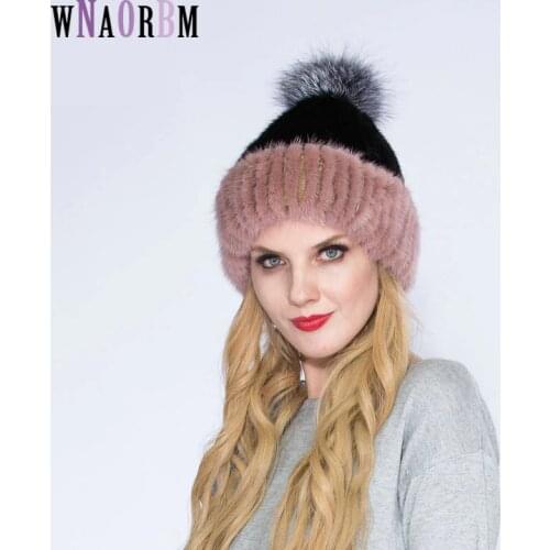 WNAORBM winter hot water mink fur knitted natural fur cap young ladies mink earmuffs fox fur ball warm fashion fur hat