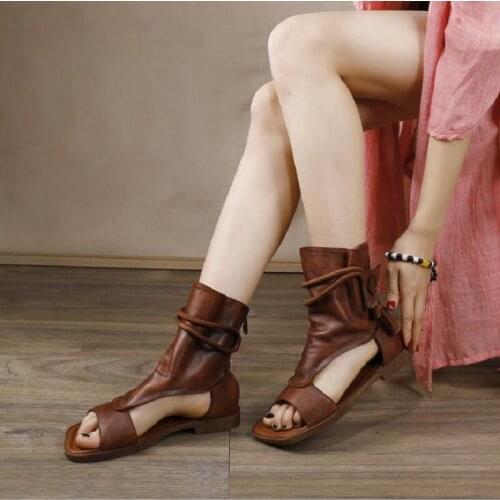 Summer New Retro Hemp Personalized Cross-tied Peep Toe Sewing Genuine Leather Women High-top Boots Ladies Beach Sandals 0103