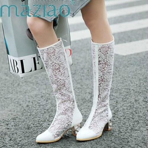 Sexy Thick High Heels Women Boots Round Toe Lace Zip Footwear Antumn Fashion Boots 2018 New Knee High Female Women Shoes MAZIAO