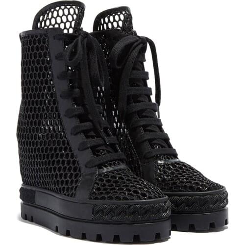 Summer Woman Black Mesh Patchwork High Top Sneakers 10 cm Height Increasing Thick Platform Sole Inner Wedge Short Boots