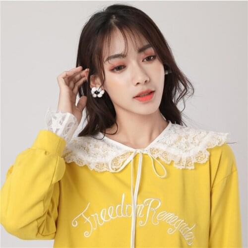 Women Embroidery Cardigan Button Sweater Shirt Cotton Fake Collar New Rhinestone Lace Flower False Detachable Collar Blouse Tops