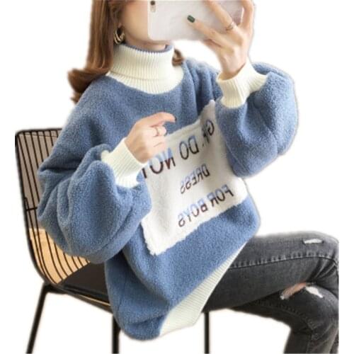 Women Harajuku Cute Fashion Thick High Collar Sweater Girls Cashmere Clothes Female Loose Fit Wool Splicing Outerwear