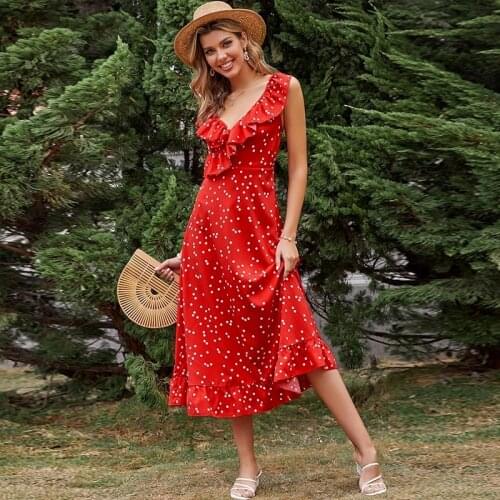2021 Retro Polka Dot Summer Long Dress Womens Backless Ruffled Red Sundress Sleeveless Chic Bohemian Beach Style Long Dress New