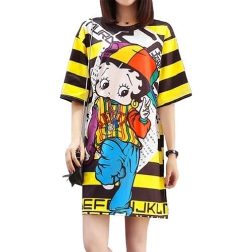 6 Styles Cartoon Pattern Women Summer Dress 2021 Printed Doll Yellow Striped Dress T shirt Short Sleeve dress Animal Dog QM068