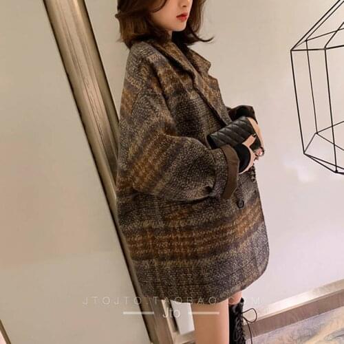 Bella philosophy Winter Korean Overcoat Women Vintage Woolen Loose Coats female Double Breasted Turn-down Collar Outwears