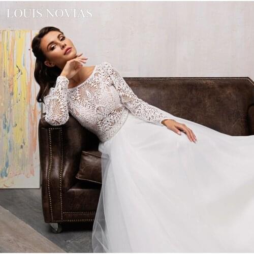 Louis Novias long sleeve wedding dress hollow open back round neck beach car sweep Decal Chiffon detachable tail romantic dress