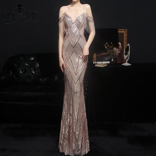 Gold Evening Dresses Side Sleeves Prom Gown Beadings Straps Party Dress Golden Sequin Formal Gown Mermaid Long Women Dress Vesti