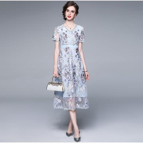 ZUOMAN Women Summer Luxury Embroidery Mesh Dress Festa High Quality Long Blue Wedding Party Robe Femme Lace Designer Vestidos