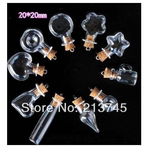 Free Ship! 100pieces/lot mixed shape cork glass bottle with eye hook 20mm small charm gass bottle glass vial wish pendant
