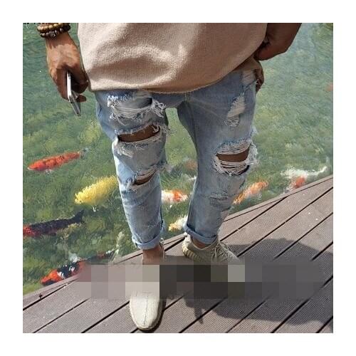 Korean version of Mens new summer beggar hole do old straight fashion casual jeans personality slim jiufen pants