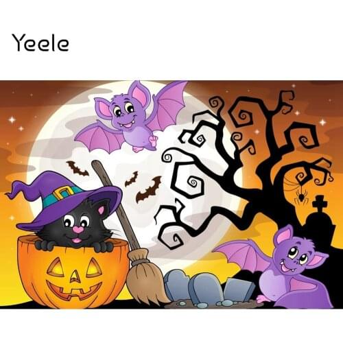 Yeele Halloween Backdrop Moon Cat Broom Tombstone Bat Pumpkin Cartoons Photography Background Backdrop For Photo Studio