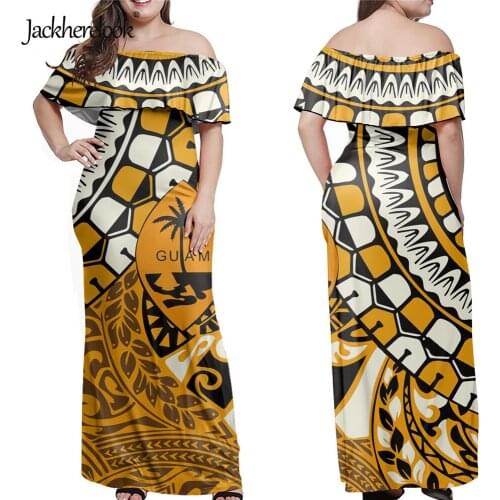 Jackherelook Yellow Polynesain Tribal Guam Print Womens Off Shoulder Dress Summer Beach Long Maxi Dresses Vestido de Mujer 2021