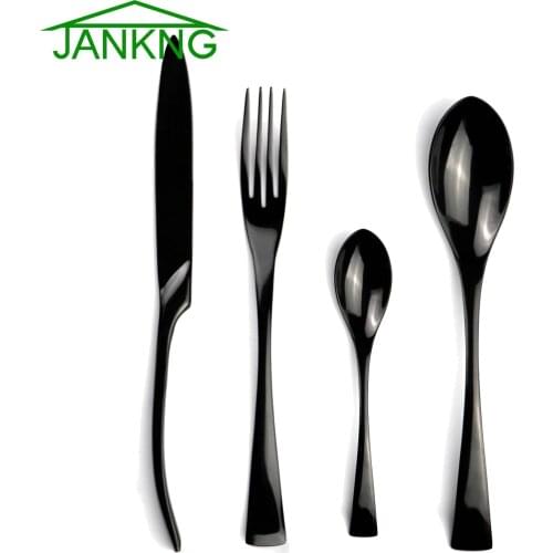 JANKNG 24-Pcs Mirror Black Dinnerware Set 18/10 Stainless Steel Cutlery Steak Untensils Knife Fork Silverware Table Dinner Set