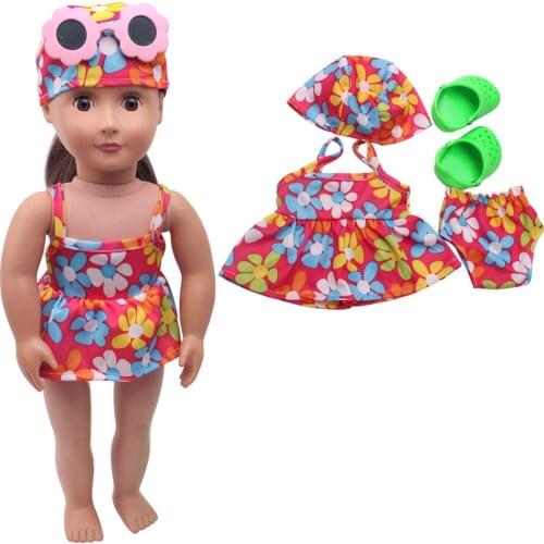 18 Inch American Doll Girls Summer Red Print Swimsuit + Glasses + Cap Newborn Baby Toys Accessories Fit 43 Cm Boy Dolls c334