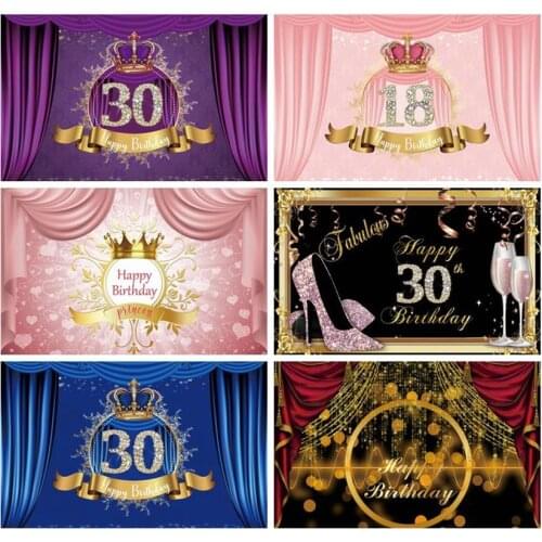 Laeacco Happy 30 40 50 th Birthday Photocall Backgrounds Blue Curtain Crown Diamond Party Banner Customized Photography Backdrop