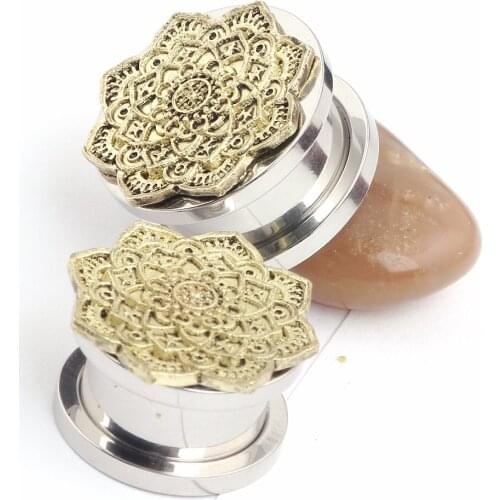 2016 new bronze flower Stainless Steel Screw Fit Ear Gauge Plugs Flesh Tunnel Kit Piercing Expander Body Piercing Jewelry