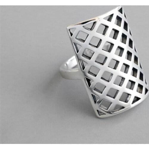 New Personality Hollow Mesh Creative Rectangle 925 Sterling Silver Jewelry Not Allergic Fashion Geometric Opening Rings SR601