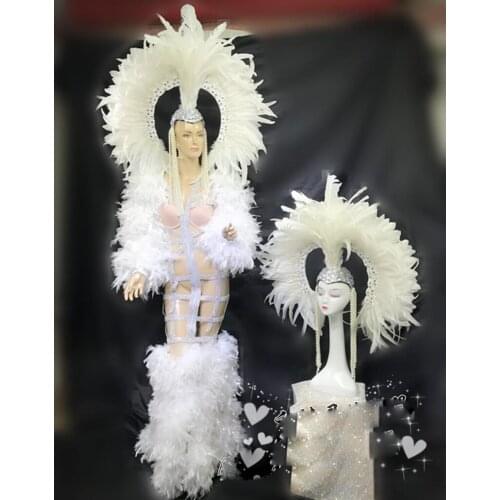 New black white feather headdress hollow tail skirt gogo commercial stage costumes