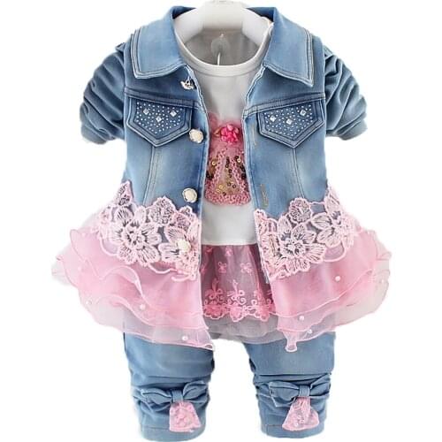 6m-4T Spring Autumn Infant Baby Girl Denim Clothing Sets 3 pcs Long Sleeve T Shirt Dress Tops Denim Jacket and Jeans Trousers