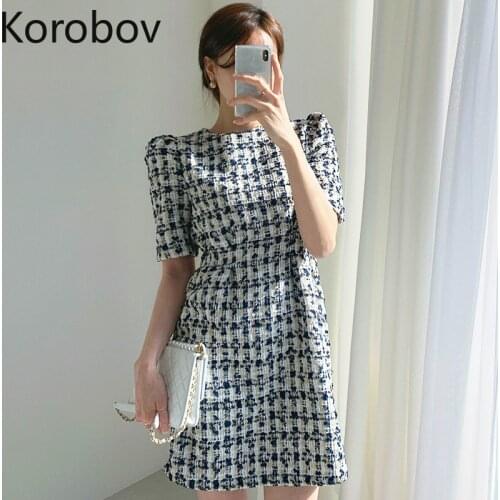 Korobov Korean Chic Plaid Vintage OL Dress O Neck Puff Short Sleeve A-Line Female Dresses Elegant High Waist Vestidos Robe Femme