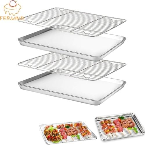 Stainless Steel Baking Sheet Cookie Pan With Cooling Rack Metal Bakery Quarter Sheet Pan Nonstick Jelly Roll Pan For Oven 110