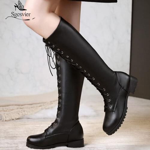 Sgesvier 2020 big size 34-48 Newest knee high boots women lace up concise low heels casual shoes autumn winter long boots woman