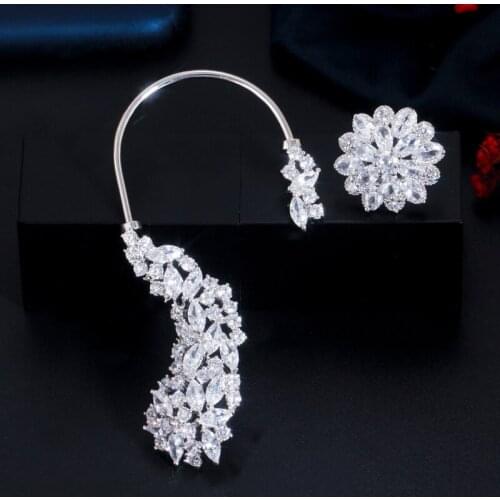 ThreeGraces Elegant Cubic Zirconia Asymmetric Flower Long Ear Clip Stud Earrings for Women Fashion Party Banquet Jewelry ER453