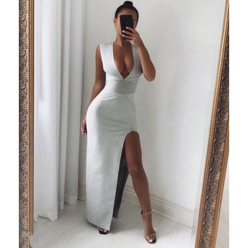 Women Summer Sexy V Neck Sparkly Glitter Gray Split Maxi Long Bodycon Bandage Dress 2021 Elegant Evening Party Dress Vestidos