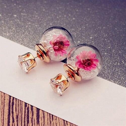 Women Elegant Crystal Glass Ball Dry Flower Rhinestone Metal Stud Earrings For Women Jewelry Earring Set Christmas Jewelry