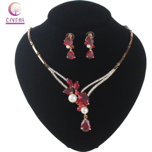 Simulated Pearl Zircon Jewelry Sets For Women Crystal Wedding Necklace Earrings African Beads Bridal Party Dress Accessories