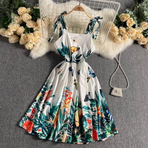 Europe Style 2021 Summer New Dress For Women Floral Butterfly Print Elegant Fashion Sleeveless Slim A-line Dresses