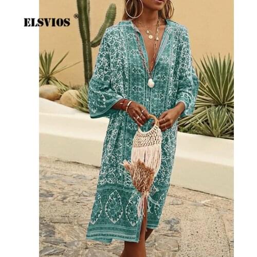 Spring/Summer 2021 Women Bohemian Resort Style Printed With 7-Point Sleeves Ladies Long Skirt Sexy Deep V-Neck Party Beach Dress
